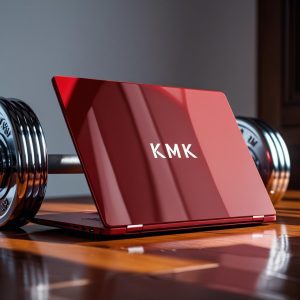 a red laptop that says _KMK_ next to a dumbell a red laptop that says _KMK_ next to a dumbell